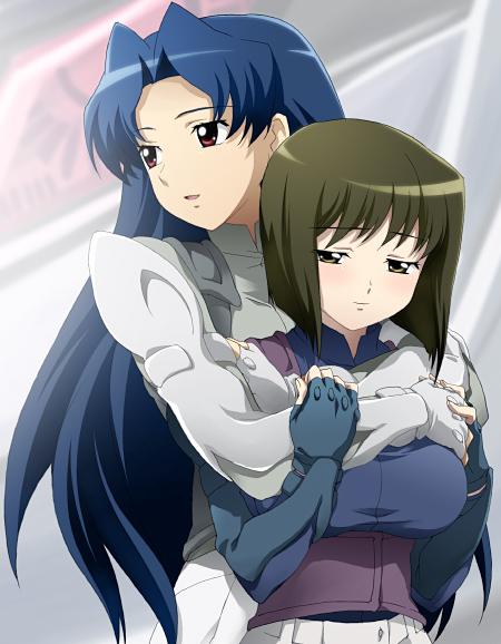 00s, 2girls, :d, armor, blue_hair, blush, breast_suppress, brown_eyes