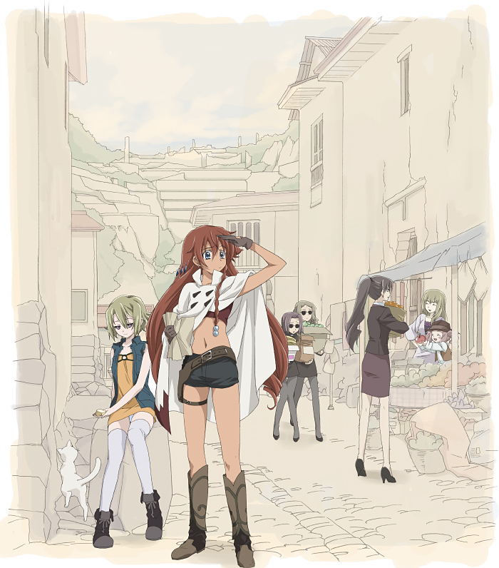 00s, 6+girls, age_difference, apple, asymmetrical_hair, b_lady_1_gou, b_lady_3_gou, bag, belt, black_legwear, blonde_hair, blue_eyes, boots, braid, brown_hair, building, cape, cat, child, city, cloud, cowboy_boots, crop_top, drill_hair, earrings, el_cazador_de_la_bruja, ellis, ellis_(el_cazador_de_la_bruja), flat_chest, flat_color, food, formal_clothes, fruit, gloves, gunbelt, hair_bobbles, hair_ornament, half-closed_eyes, high_heels, holding, holster, jewelry, jody_hayward, knee_boots, kneepits, lirio, long_hair, looking_afar, market, melissa_rosenberg, midriff, miniskirt, multiple_girls, nadie, navel, outdoors, panties, pantyhose, pantyshot, paper_bag, pencil_skirt, ponytail, red_hair, rock, saipaco, shading_eyes, shoes, short_hair, short_shorts, shorts, sitting, skirt, skirt_suit, sky, smile, suit, sunglasses, tan, thigh_gap, thigh_strap, thighhighs, twintails, underwear, very_long_hair, vest, white_cat, white_legwear, white_panties, zettai_ryouiki