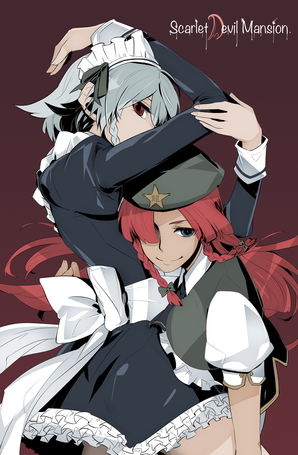 2girls, blue_eyes, blue_hair, braid, female_focus, hair_over_one_eye, hat, highres