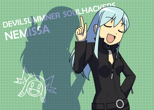 1girl, azumanga_daiou, caipirinha_(meme), copyright_name, devil_summoner_(series), devil_summoner:_soul_hackers, female_focus, green_background, jack_frost_(megami_tensei), meme, nemissa, parody, ruku_narumi, shadow, solo, zipper