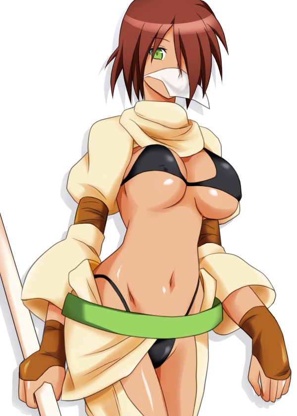 00s, 1girl, bikini, black_bikini, breasts, brown_hair, female_focus, gloves, green_eyes, mask, mitora5, navel, sand_shaman, short_hair, solo, swimsuit, tales_of_(series), tales_of_the_abyss, tan, underboob, white_background