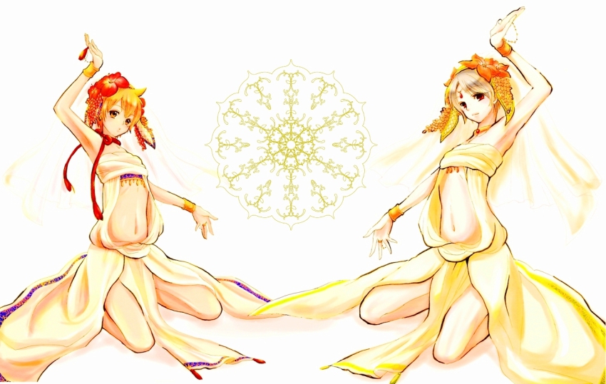 2boys, alibaba_saluja, blonde_hair, crossdressing, crossdressing_(mtf), flower, hair_flower, hair_ornament, ja'far_(magi), magi_the_labyrinth_of_magic, male_focus, multiple_boys, navel, orange_eyes, red_eyes, short_hair, yuri_(yurihani)