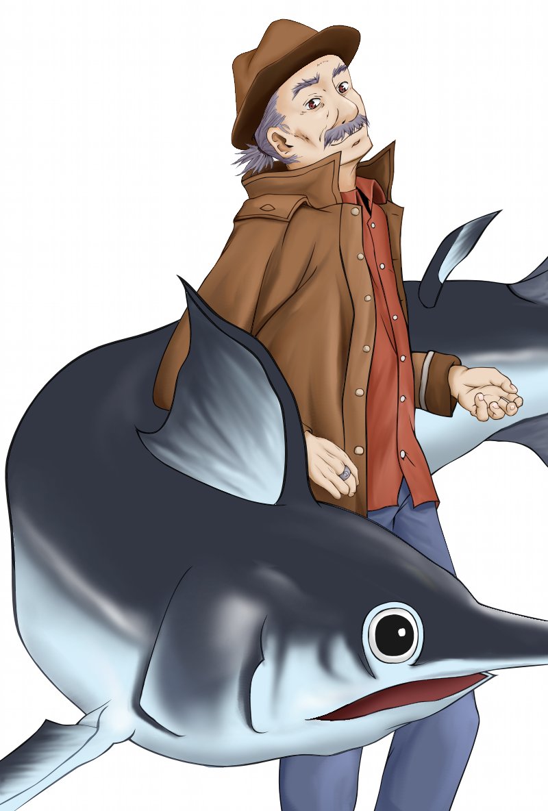 1boy, akitani_inachika, bad_id, bad_pixiv_id, brown_eyes, facial_hair, fish, grey_hair