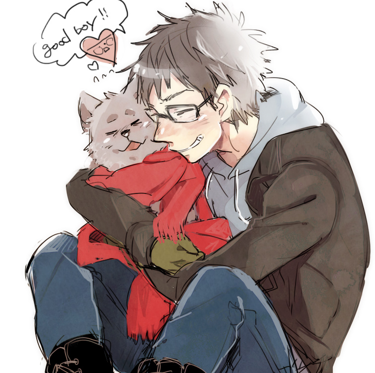 1boy, animal, animal_hug, bad_id, bad_pixiv_id, boots, brown_hair, denim, dog, ehoumaki_otoko, english_text, glasses, gloves, grin, happy, heart, hood, hoodie, hug, jacket, jeans, male_focus, niconico, pants, red_scarf, scarf, shio_(nico_nico_douga), short_hair, simple_background, sitting, smile, solo, speech_bubble, white_background