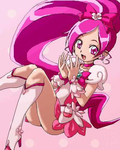 10s, 1girl, boots, brooch, cure_blossom, female_focus, flower_hands, hanasaki_tsubomi, heart, heart_brooch, heartcatch_precure!, high_ponytail, isu, jewelry, knee_boots, long_hair, looking_at_viewer, lowres, oekaki, open_mouth, pink_eyes, pink_hair, pink_theme, ponytail, precure, solo, when_you_see_it
