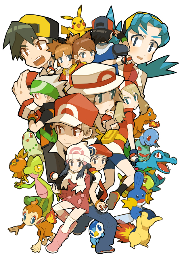 00s, 1990s_(style), 5girls, 6+boys, :<, alternate_costume, ash_ketchum, bandana