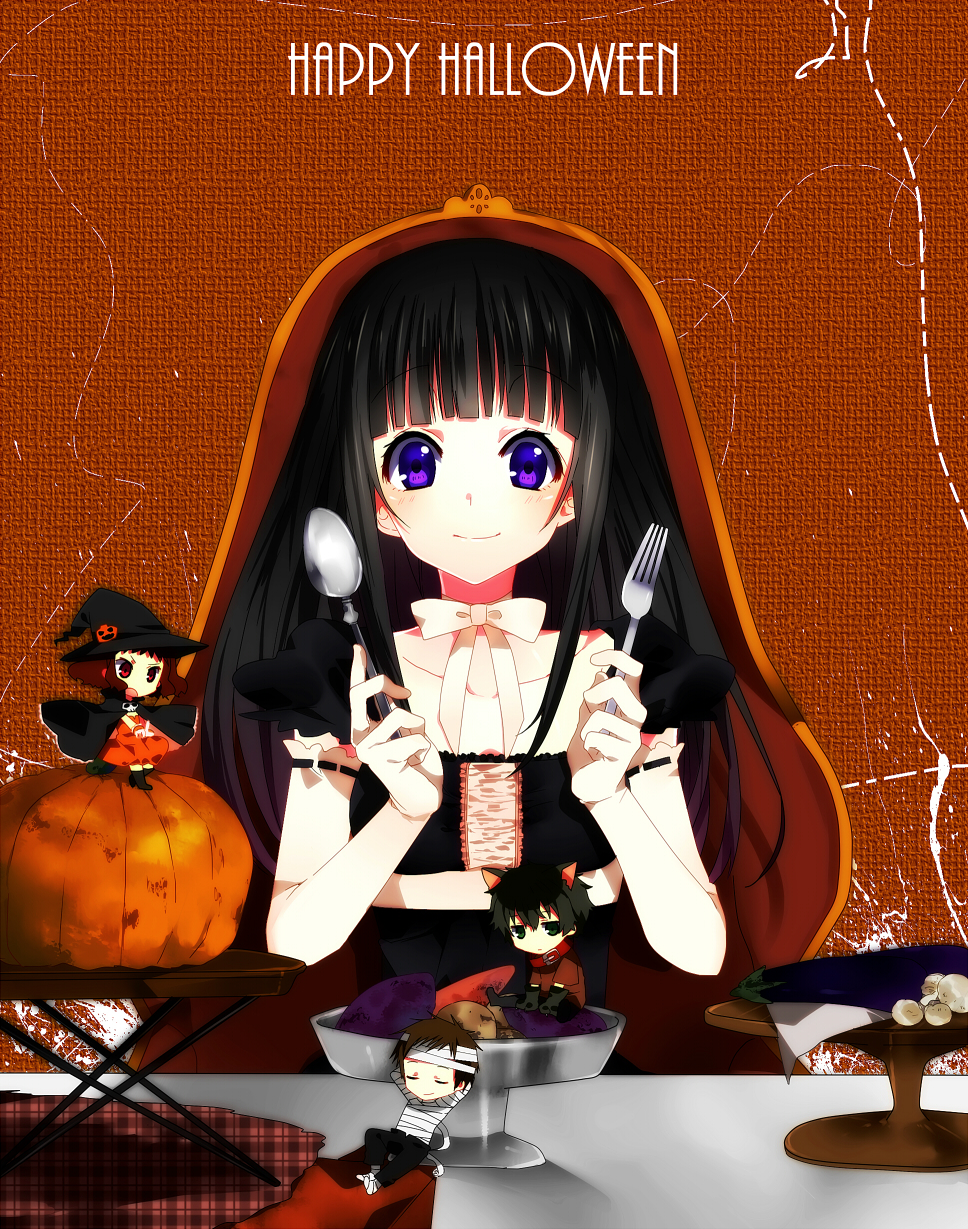 10s, 2boys, 2girls, black_hair, chalice, chibi, chitanda_eru, cup