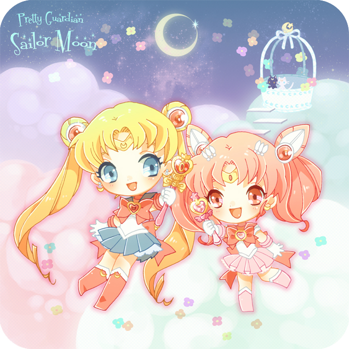 1990s_(style), 2girls, :d, artemis_(sailor_moon), basket, bishoujo_senshi_sailor_moon, bishoujo_senshi_sailor_moon_s, blonde_hair, blue_eyes, blue_sailor_collar, blue_skirt, boots, bow, brooch, cat, chibi, chibi_usa, cone_hair_bun, cooger, copyright_name, crescent_moon, flower, full_body, gloves, hair_bun, hair_ornament, heart, heart_brooch, jewelry, knee_boots, long_hair, luna_(sailor_moon), magical_girl, moon, mother_and_child, mother_and_daughter, multiple_girls, open_mouth, parent_and_child, pink_boots, pink_hair, pleated_skirt, red_bow, red_eyes, retro_artstyle, sailor_chibi_moon, sailor_collar, sailor_moon, skirt, smile, spiral_heart_moon_rod, tiara, tsukino_usagi, twintails, wand, white_gloves