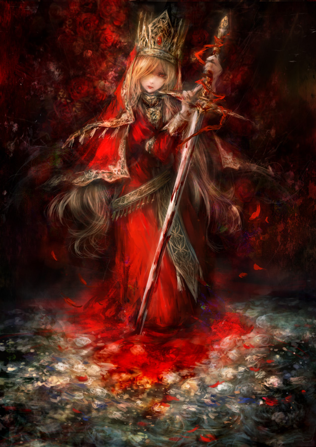 1girl, bad_id, bad_pixiv_id, blonde_hair, blood, bloody_weapon, capelet, crown