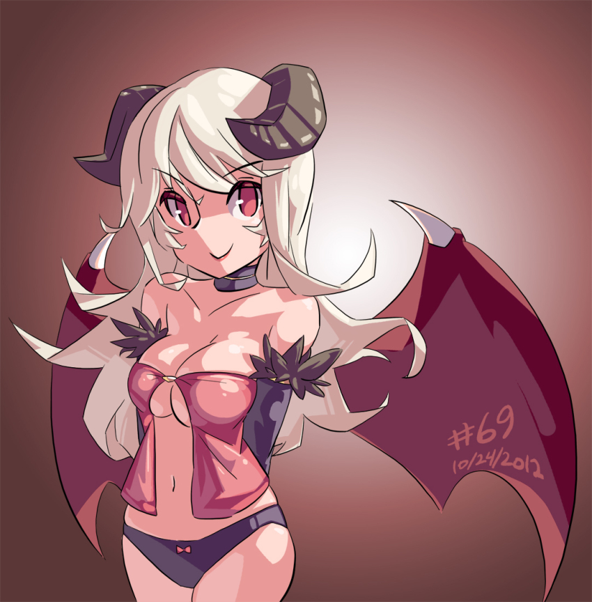 1girl, 2012, arms_behind_back, bare_shoulders, bat_wings, black_panties, blonde_hair, breasts, choker, cleavage, dated, demon, demon_girl, elbow_gloves, eyeshadow, female_focus, gloves, horns, junkpuyo, large_breasts, long_hair, makeup, navel, panties, ragnarok_online, red_eyes, simple_background, smile, solo, succubus_(ragnarok_online), underboob, underwear, white_hair, wings
