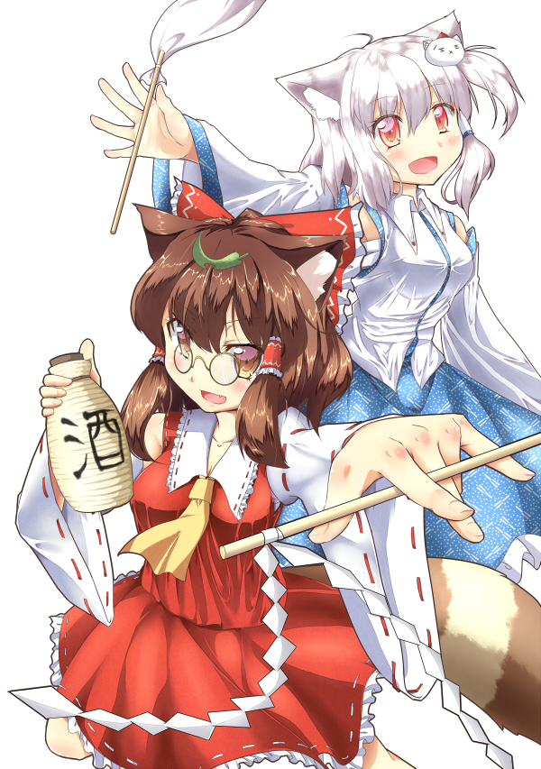 2girls, alcohol, animal_ears, ascot, blue_dress, blush, bow, brown_eyes