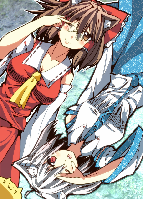 2girls, adjusting_eyewear, animal_ears, ascot, blue_dress, bow, breasts, brown_eyes