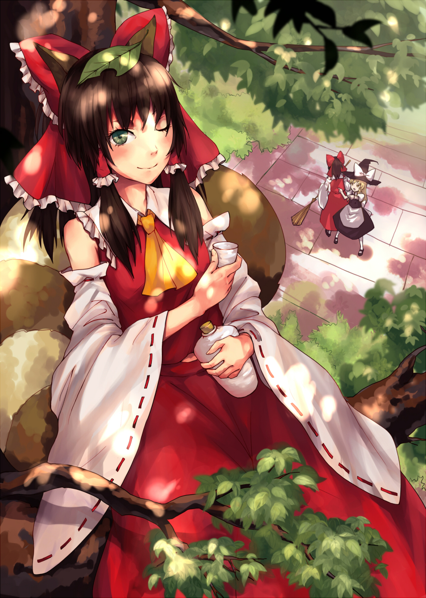 3girls, alcohol, animal_ears, apron, ascot, black_dress, blonde_hair, blush