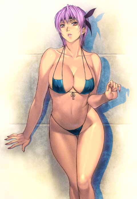 1girl, against_wall, arm_support, ayane_(doa), bikini, blue_bikini, breasts, cleavage, clenched_hand, dead_or_alive, dead_or_alive_5, female_focus, fingernails, front-tie_top, headband, highleg, highleg_bikini, homare_(fool's_art), jpeg_artifacts, large_breasts, leaning_forward, lipstick, long_fingernails, looking_at_viewer, makeup, nail_polish, navel, parted_lips, pink_eyes, purple_hair, shadow, short_hair, sideboob, solo, standing, swimsuit, tecmo, thigh_gap