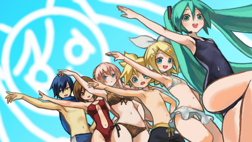 2boys, 4girls, bikini, black_male_swimwear, black_one-piece_swimsuit, black_swim_trunks, blonde_hair, blue_hair