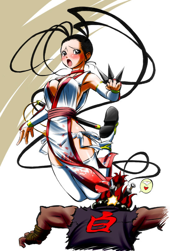 1boy, 1girl, akuma_(street_fighter), antenna_hair, beads, black_hair, blush, breasts, bridal_gauntlets, capcom, choker, cleavage, cosplay, dark_skin, dead_or_alive, dougi, eibon, heart, ibuki_(street_fighter), kasumi_(cosplay), kasumi_(doa), kasumi_(doa)_(cosplay), kunai, large_breasts, long_hair, ninja, no_bra, open_mouth, panties, pelvic_curtain, ponytail, prayer_beads, red_hair, short_sword, side-tie_panties, sideboob, speech_bubble, street_fighter, street_fighter_iii_(series), sword, tecmo, thighhighs, topknot, torn_clothes, torn_sleeves, underwear, very_long_hair, weapon, weapon_on_back, white_thighhighs, wrist_wrap