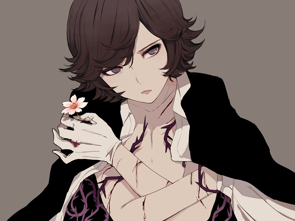 1boy, androgynous, blood, brown_hair, crossed_arms, cuts, flower, gloves, grey_eyes, injury, jacket, jacket_on_shoulders, lupin_iii, lupin_the_third:_mine_fujiko_to_iu_onna, male_focus, maruino, oscar_(lupin_iii), topless_male, short_hair, solo, thorns, white_gloves