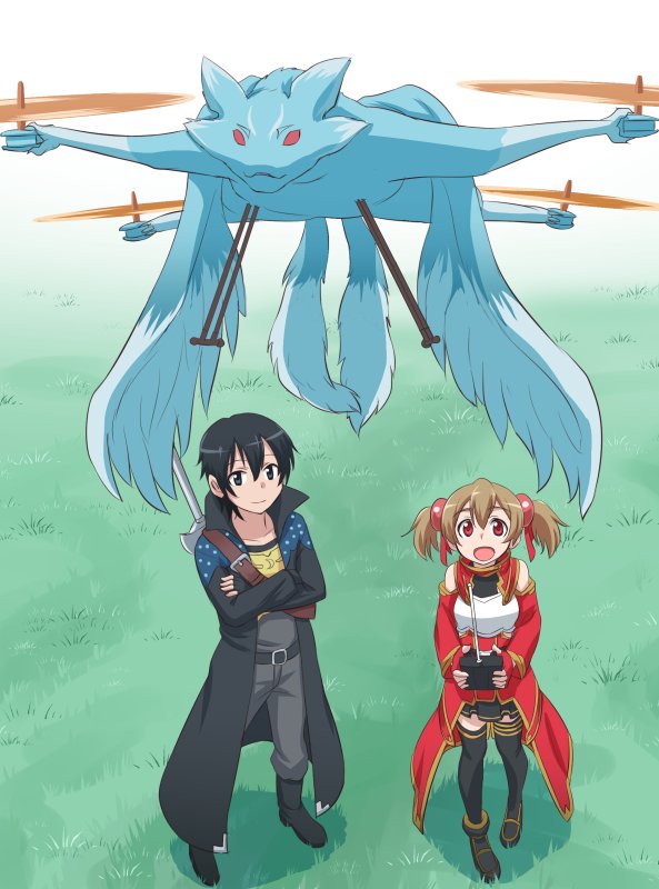 1boy, 1girl, belt, boots, coat, controller, dragon, flying, gachon_jirou, helicopter_cat, holding, holding_controller, holding_remote_control, kirito, multiple_tails, objectification, parody, pina_(sao), radio_controller, remote_control, silica, small_dragon, smile, sword, sword_art_online, sword_on_back, tail, thighhighs, trench_coat, twintails, two_tails, weapon, weapon_on_back