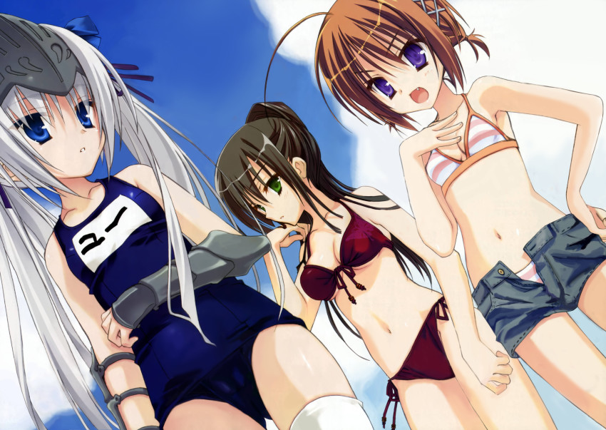 10s, =_=, absurdres, armor, bikini, bracer, cameltoe, eucliwood_hellscythe, fang, front-tie_top, gauntlets, haruna_(korezom), highres, kobuichi, kore_wa_zombie_desu_ka?, masou_shoujo, muririn, navel, necromancer, official_art, one-piece_swimsuit, open_fly, orito_(korezom), school_swimsuit, seraphim_(korezom), shorts, side-tie_bikini_bottom, striped_bikini, striped_clothes, swimsuit, thighhighs, unzipped, vambraces, visor_(armor), white_legwear