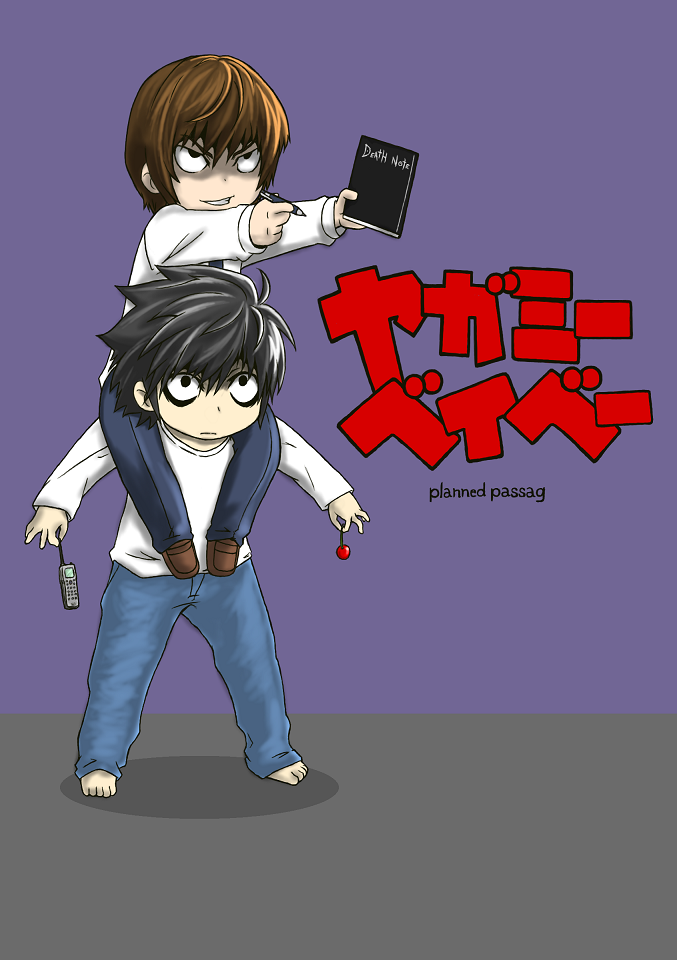 2boys, carrying, cellphone, cherry, copyright_name, death_note, dinonix, food, fruit, holding, kill_me_baby, l_(death_note), multiple_boys, notebook, outstretched_arms, parody, pen, phone, shadow, shoulder_carry, shueisha, spread_arms, title_parody, yagami_light
