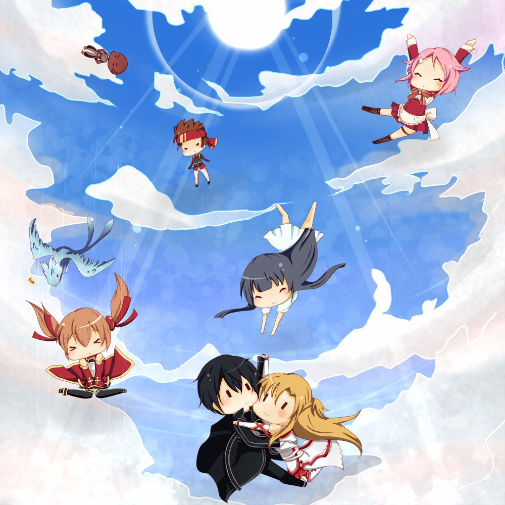 10s, 3boys, 4girls, agil, asuna_(sao), bad_id, bad_pixiv_id, chibi, cloud, day, dragon, everyone, falling, kirito, klein_(sao), lisbeth_(sao), multiple_boys, multiple_girls, pina_(sao), silica, sky, sun, sword_art_online, ura_(ura-tennislove), yui_(sao)