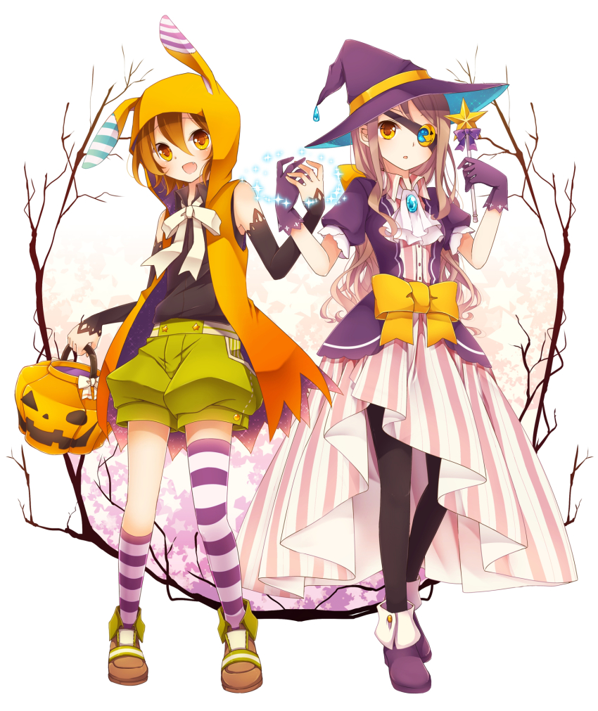 1boy, 1girl, akane_(goma), akira_(goma), animal_ears, asymmetrical_clothes, asymmetrical_legwear, bare_shoulders