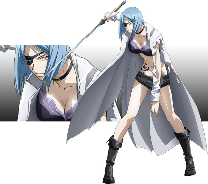 00s, 1girl, blue_hair, bra, eyepatch, female_focus, ikkitousen, lingerie