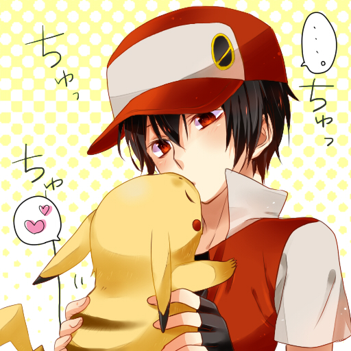 ..., 1990s_(style), 1boy, baseball_cap, black_hair, completely_unamused, fingerless_gloves, gen_1_pokemon, gloves, hajime_(starrysky_cat33), hat, heart, male_focus, nintendo, pikachu, pixiv_red, pokemon, pokemon_(creature), pokemon_red/green/blue/yellow, polka_dot, polka_dot_background, red_(pokemon), red_eyes, retro_artstyle, short_hair, speech_bubble, spoken_heart, unamused