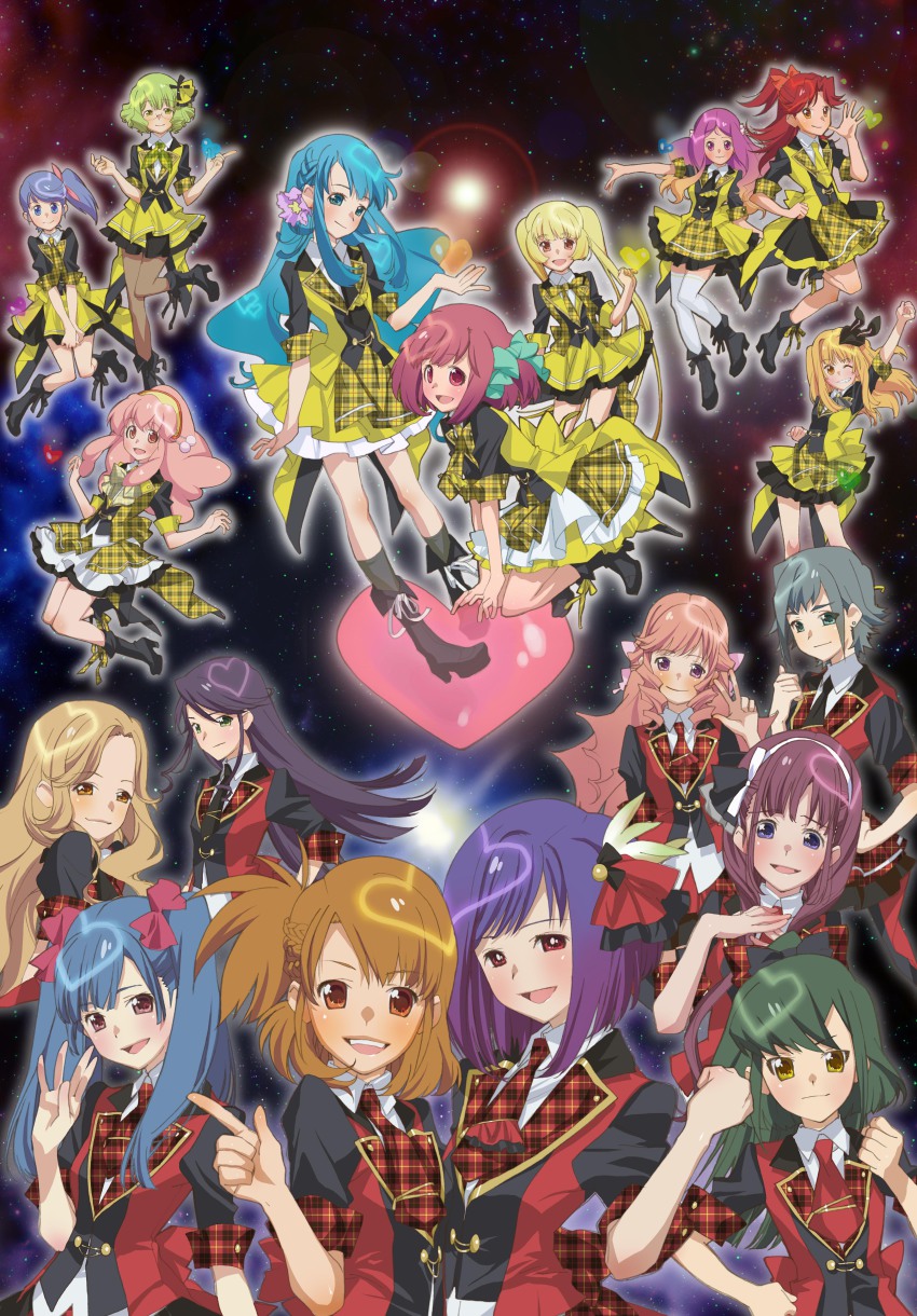 10s, 6+girls, absurdres, aida_orine, akb0048, akimoto_sayaka_(akb0048), ebata_risa, everyone, heart, heart-shaped_pupils, highres, ichijou_yuuka, itano_tomomi_(akb0048), kanzaki_suzuko, kashiwagi_yuki_(akb0048), kishida_mimori, kojima_haruna_(akb0048), looking_at_viewer, maeda_atsuko_(akb0048), miyazawa_sae_(akb0048), motomiya_nagisa, multiple_girls, official_art, ooshima_yuuko_(akb0048), ponytail, shinonome_kanata, shinonome_sonata, smile, sono_chieri, space, symbol-shaped_pupils, takahashi_minami_(akb0048), uniform, unmoving_pattern, watanabe_mayu_(akb0048), yokomizo_makoto