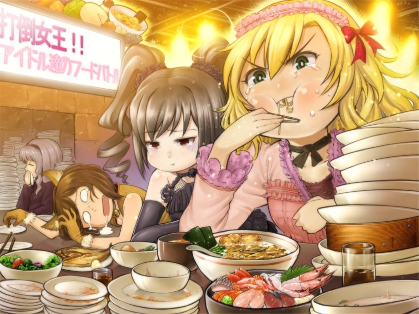 10s, 4girls, bell, blonde_hair, blush, bowl, breasts, brown_hair