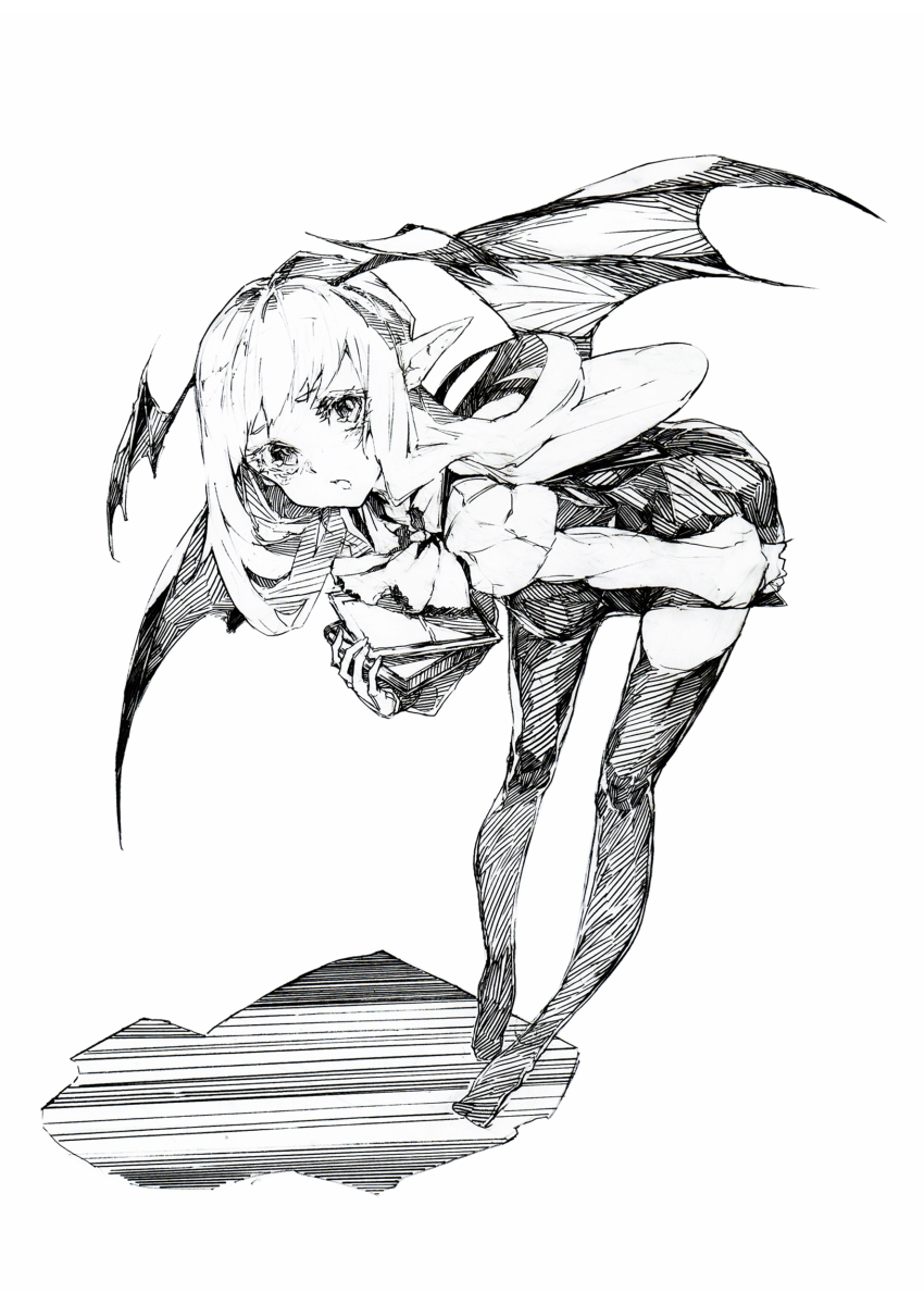 1girl, absurdres, bad_id, bad_pixiv_id, bat_wings, bent_over, black_thighhighs, book