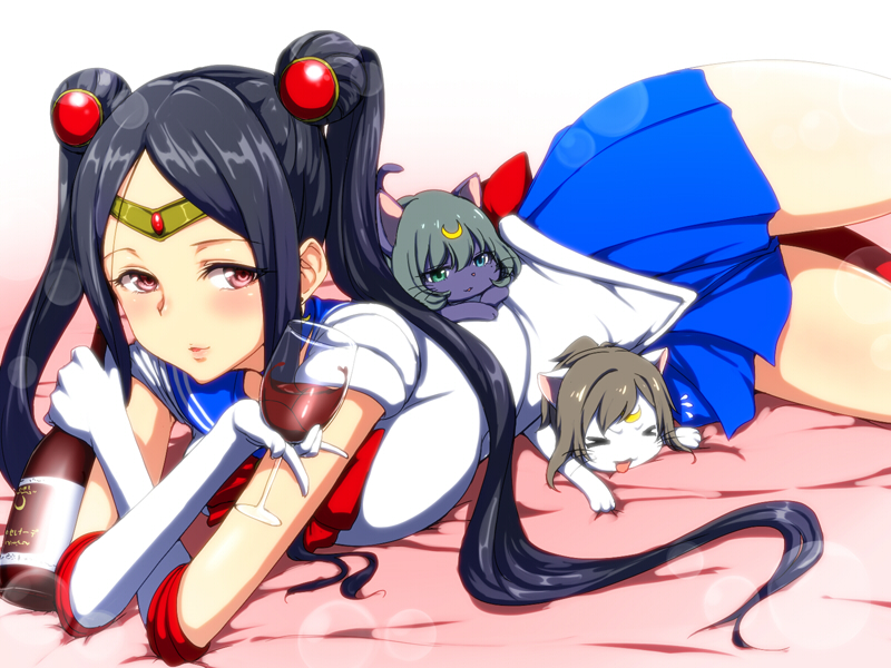 3girls, alcohol, artemis_(sailor_moon), artemis_(sailor_moon)_(cosplay), bishoujo_senshi_sailor_moon, black_hair, blue_sailor_collar, blue_skirt