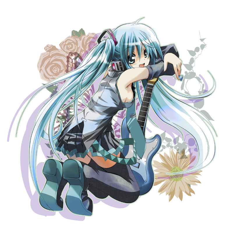 1girl, aqua_eyes, aqua_hair, boots, breasts, chicken99, female_focus, guitar