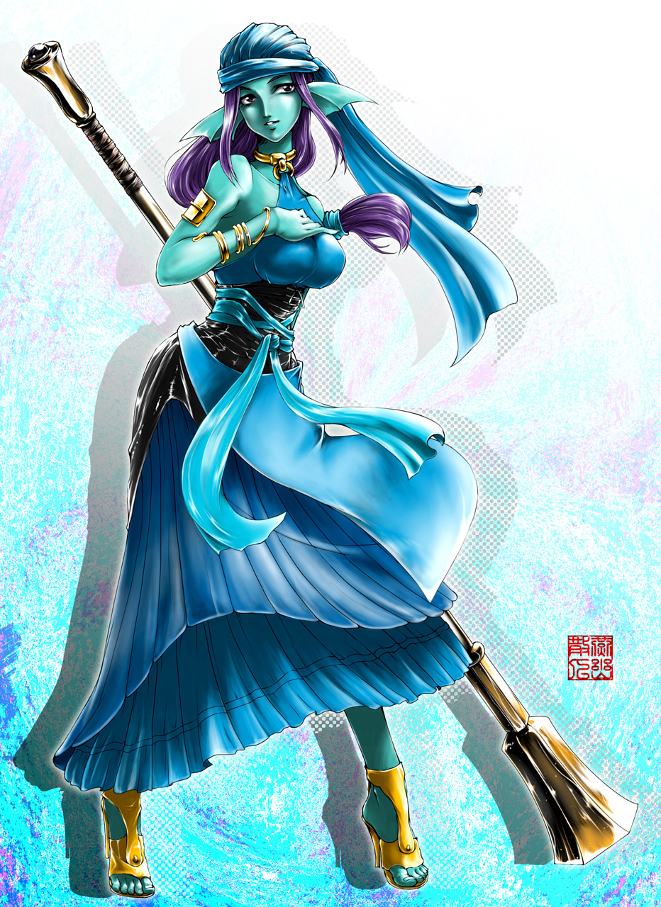 1girl, black_eyes, blue_dress, blue_skin, blue_theme, bracelet, breasts, colored_skin