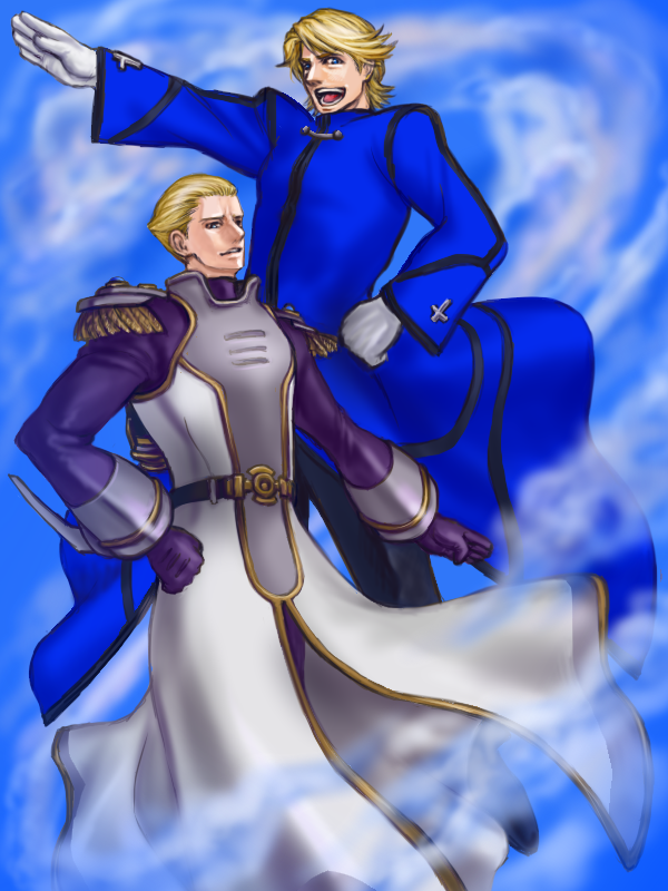 2boys, blonde_hair, blue_eyes, cosplay, costume_switch, crossover, epaulettes, fate/zero