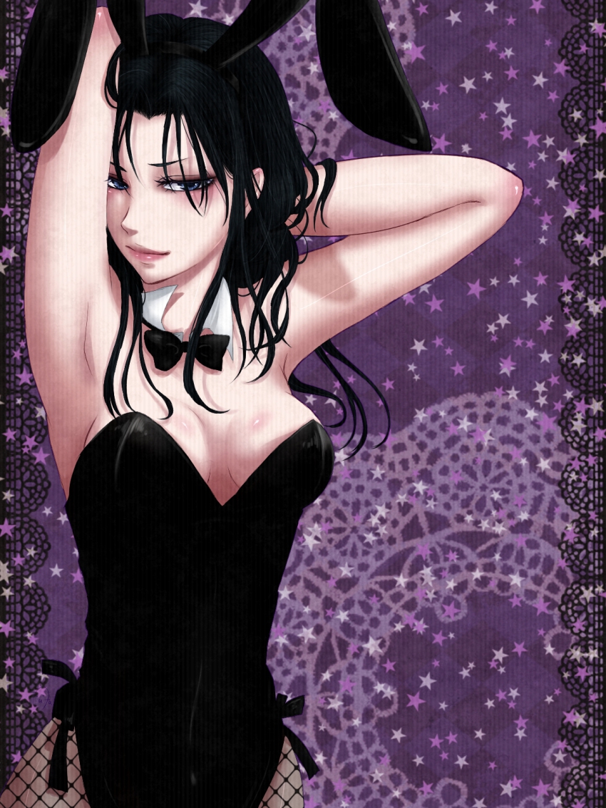 1girl, animal_ears, black_hair, bow, bowtie, fake_animal_ears, fishnet_pantyhose, fishnets, genderswap, genderswap_(mtf), grey_eyes, highres, kuroko_no_basuke, kurouta, pantyhose, playboy_bunny, rabbit_ears, takao_kazunari