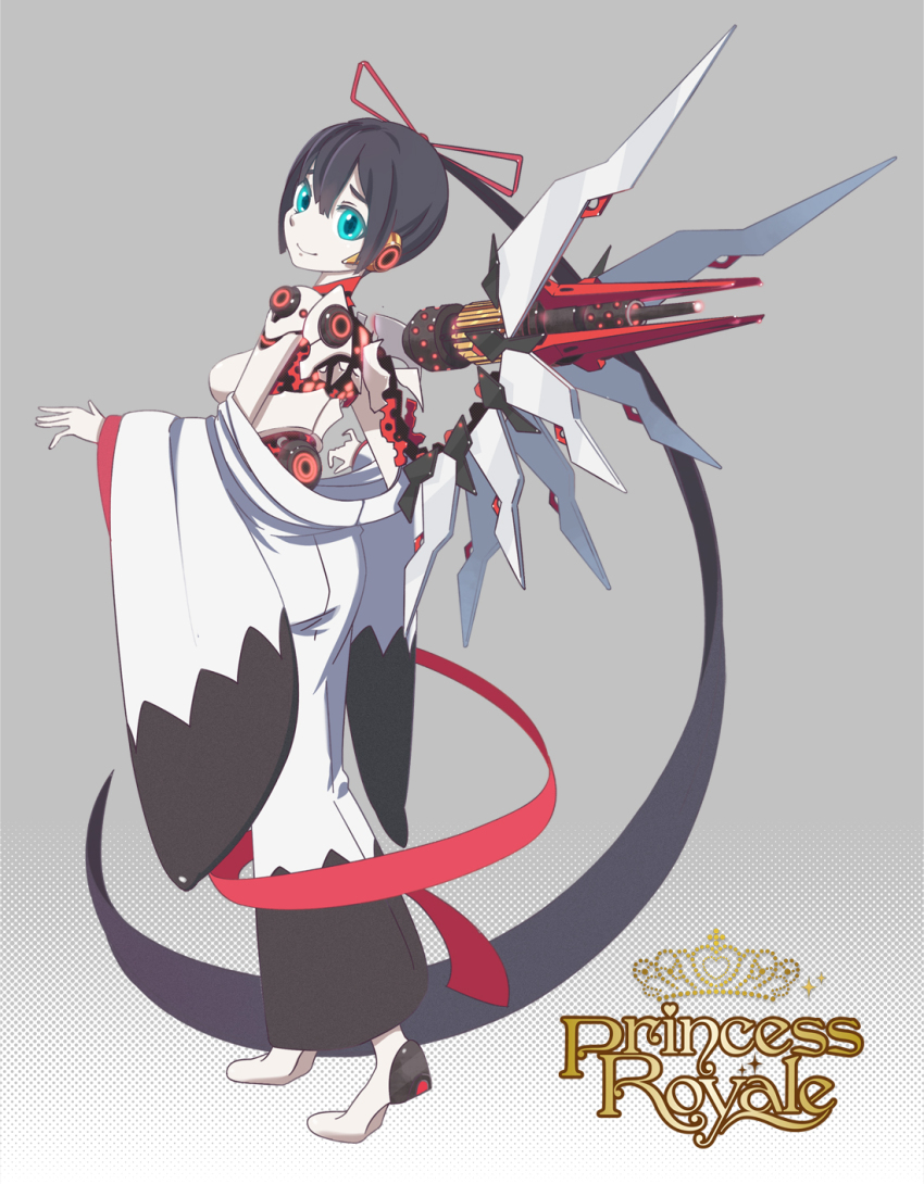 1girl, android, aqua_eyes, bad_id, bad_pixiv_id, black_hair, blue_eyes, breasts, copyright_name, doll_joints, female_focus, grey_background, gun, hair_ribbon, highres, inaba_taiju, japanese_clothes, joints, kimono, long_hair, looking_at_viewer, looking_back, mecha_musume, off_shoulder, original, pale_skin, ponytail, princess_royale, ribbon, science_fiction, smile, solo, the_grateful_crane_wife, tsuru_no_ongaeshi, very_long_hair, weapon, wings