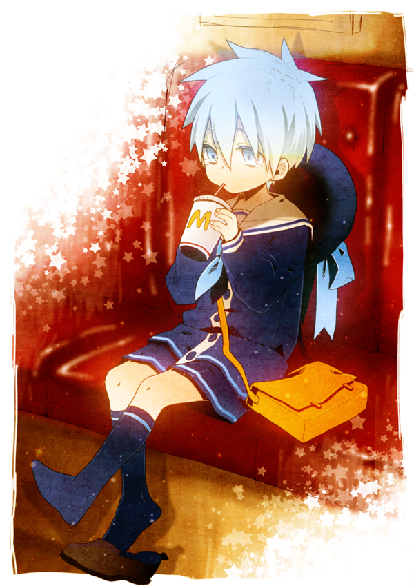 1boy, bag, blue_eyes, blue_hair, child, cup, drinking, full_body, kurisuno_(276963), kuroko_no_basuke, kuroko_tetsuya, male_focus, matching_hair/eyes, mcdonald's, school_uniform, short_hair, socks, solo, tears, aged_down