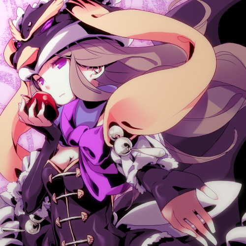 10s, 1girl, apple, breasts, brown_hair, cleavage, female_focus, food