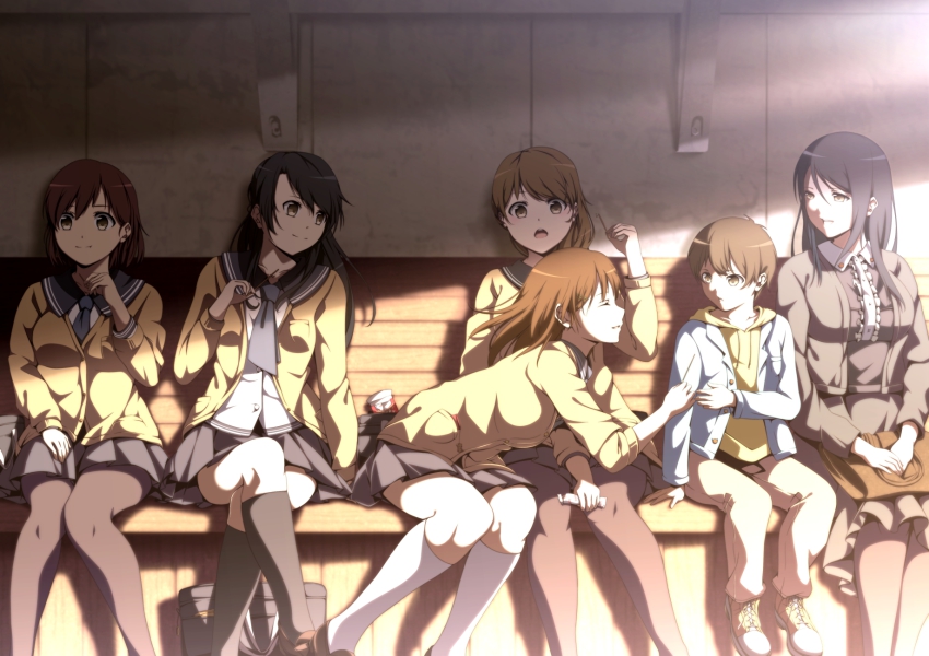 1boy, 5girls, bad_id, bad_pixiv_id, bag, bench, black_hair, black_legwear