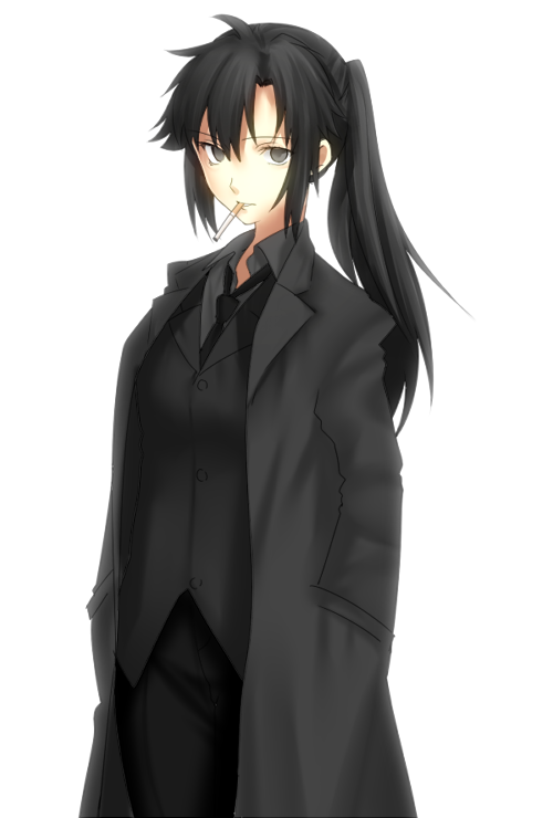 1girl, asukasukisuki, bad_id, bad_pixiv_id, black_eyes, black_hair, cigarette, emiya_kiritsugu