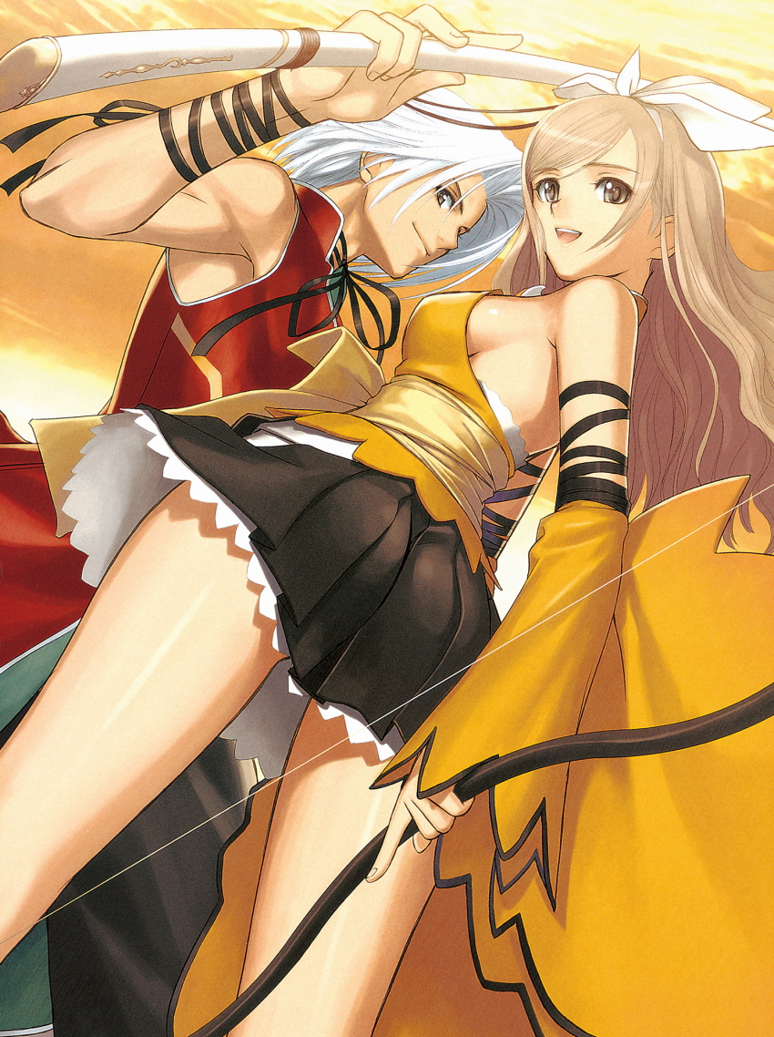 1boy, 1girl, akizuki_souma, armpits, bow_(weapon), breasts, brown_eyes, brown_hair