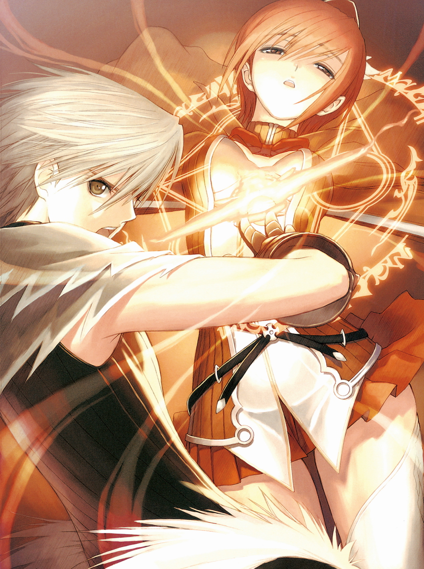 1boy, 1girl, breasts, brown_eyes, brown_hair, cape, center_opening, cleavage