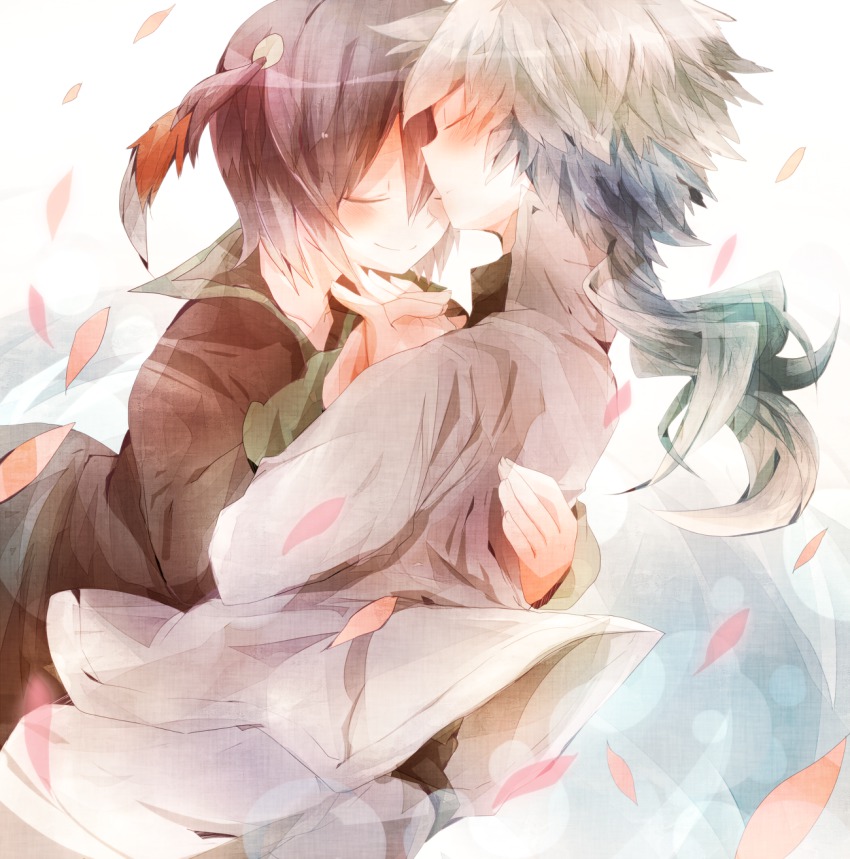 2boys, bad_id, bad_pixiv_id, blush, closed_eyes, hair_ornament, hakuryuu_(inazuma_eleven), holding_hands, highres, inazuma_eleven_(series), inazuma_eleven_go, interlocked_fingers, kosugi_nozomu, long_hair, male_focus, multicolored_hair, multiple_boys, short_hair, shuu_(inazuma_eleven), smile, sugino_(patrassyar), two-tone_hair, yaoi