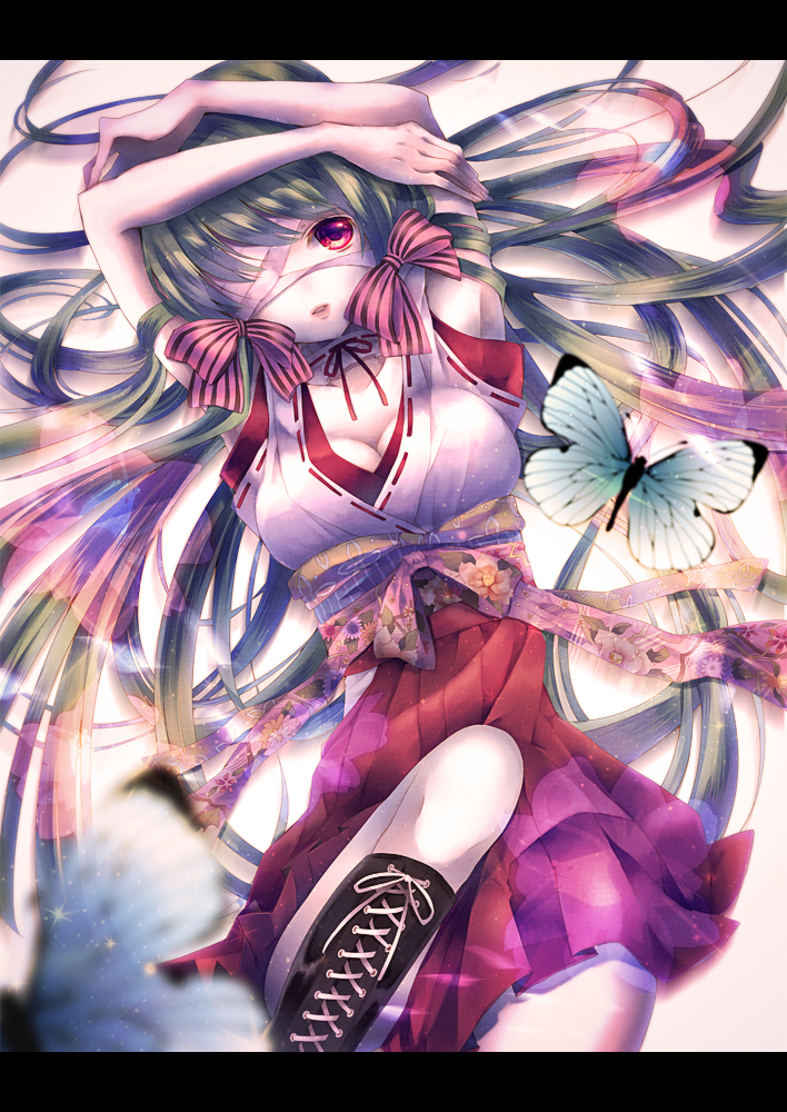 1girl, arms_up, bad_id, bad_pixiv_id, boots, breasts, cleavage, eyepatch