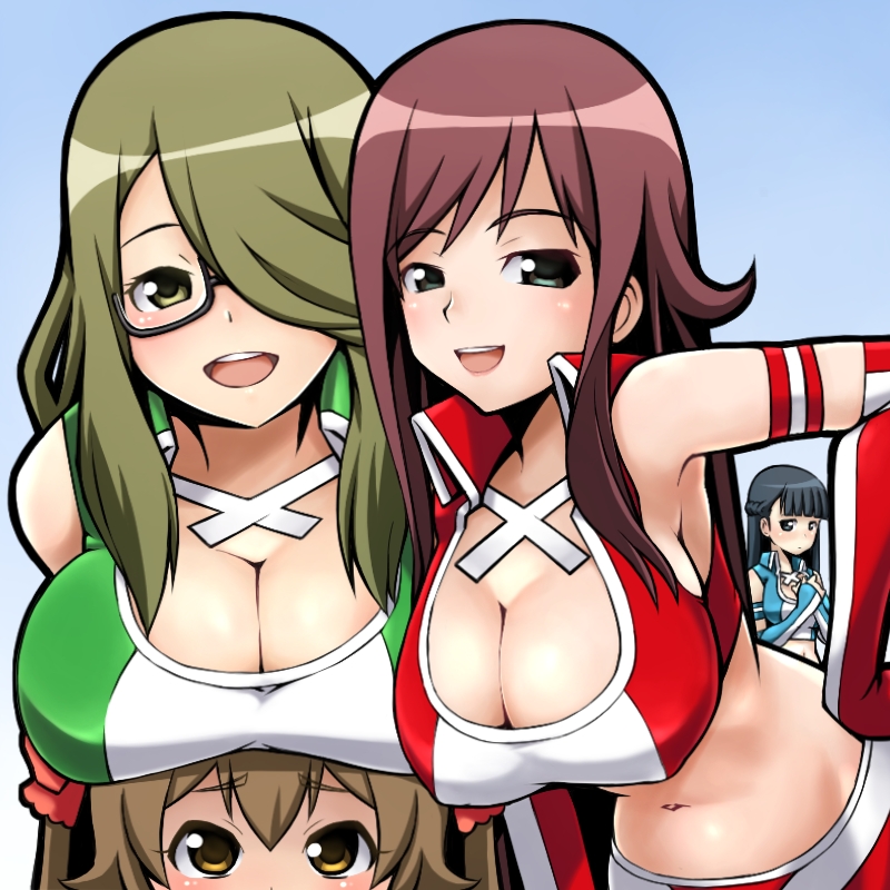 4girls, akana_rui, bent_over, black-framed_eyewear, blue_eyes, blue_hair, blush, bow, braid, breast_envy, breast_rest, breasts, breasts_on_head, brown_eyes, brown_hair, chousoku_henkei_gyrozetter, cleavage, elbow_gloves, fingerless_gloves, frown, glasses, gloves, green_eyes, green_hair, hair_bow, hair_over_one_eye, huge_breasts, large_breasts, leaning_forward, long_hair, midriff, mizuki_yuika, multiple_girls, navel, open_mouth, plump, race_queen, santoo_takeshi, semi-rimless_eyewear, shoudou_kotoha, simple_background, skirt, smile, tsukisato_kirari, twintails, under-rim_eyewear