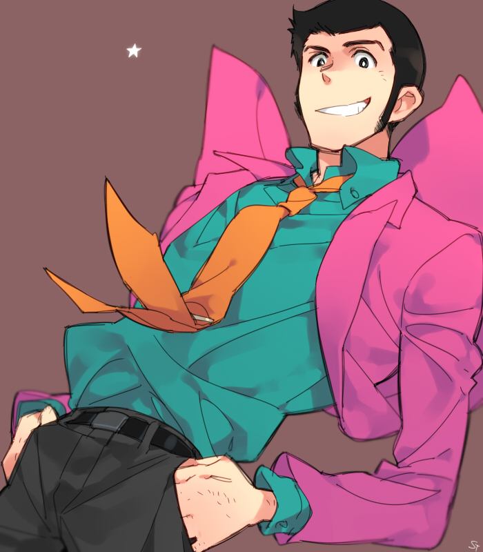 1boy, arsene_lupin_iii, bad_id, bad_pixiv_id, belt, formal_clothes, grin, hands_in_pockets, jacket, looking_at_viewer, lupin_iii, lupin_iii_part_3, male_focus, necktie, orange_necktie, pink_jacket, sideburns, signature, smile, solo, star_(symbol), suit, tms_entertainment, toujou_sakana