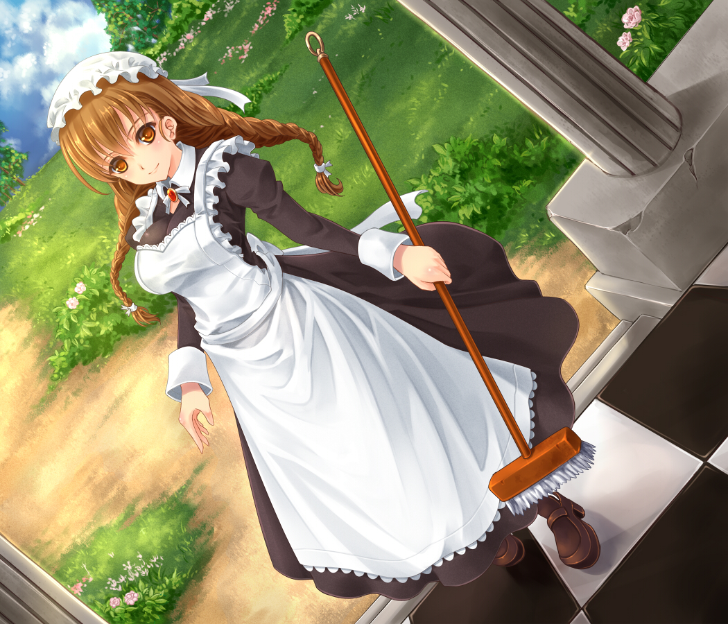 10s, 1girl, apron, blush, braid, breasts, broom, brown_eyes