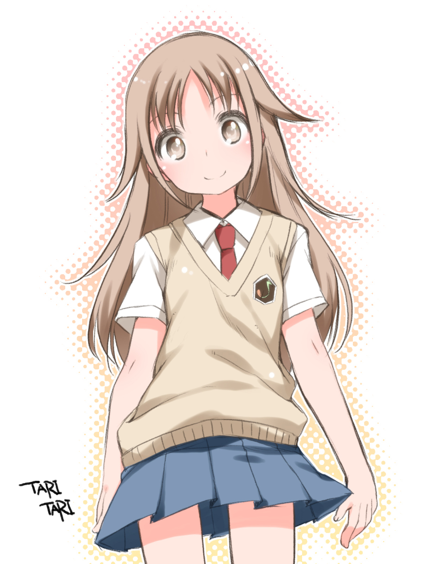 10s, 1girl, blush, brown_eyes, brown_hair, child, copyright_name, female_focus, highres, long_hair, looking_at_viewer, miyamoto_konatsu, necktie, p.a.works, school_uniform, shouji_ayumu, skirt, smile, solo, tari_tari, uncensored