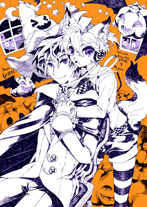 2boys, alternate_costume, androgynous, animal_ears, cape, crossdressing, crossdressing_(mtf), dog_ears, formal_clothes, fox_tail, gaze_(thompon), halloween, kagamine_len, kaito_(vocaloid), male_focus, multiple_boys, open_mouth, ponytail, shorts, smile, striped_legwear, suit, tagme, tail, thighhighs, vocaloid